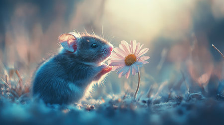 Tiny hamster sniffing a delicate pink daisy, placed off-center with soft background, creating a whimsical copy space.の素材