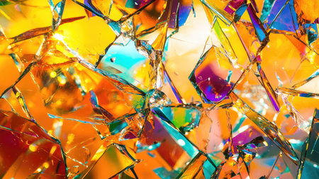Vibrant glass shatter explosion, with colorful reflections and motion blur enhancing the dramatic broken effect. No text, no people.の素材