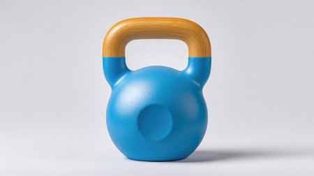 A vibrant blue kettlebell with a natural wooden handle, perfect for strength training and fitness enthusiasts. Ideal for various exercises in modern gym settings.の素材