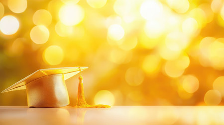 University graduation abstract background with blurred diploma, academic cap, and golden bokeh effects. No text, no people.の素材