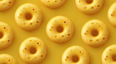 A stunning arrangement of bright yellow donut shapes on a smooth yellow backdrop, perfect for culinary inspiration, creative food designs, or playful visual projects.の素材
