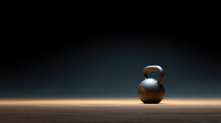 A striking black kettlebell sits alone on a wooden floor, illuminated by gentle light, conveying themes of fitness, strength, and personal determination in a minimalist setting.の素材