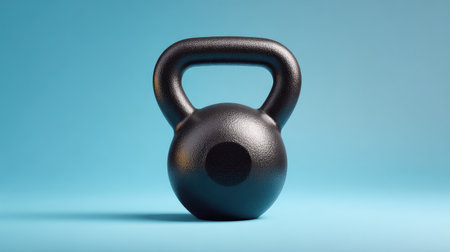 A sleek black kettlebell sits prominently against a vibrant blue background, symbolizing strength, fitness, and dedication to physical wellness and exercise.の素材