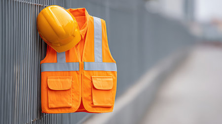 An orange safety vest with reflective stripes and a matching hard hat is hung neatly on a fence, embodying essential worker safety in construction and industrial environments.の素材