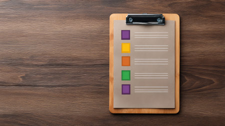 A modern clipboard featuring a color-coded checklist placed on a wooden surface, ideal for enhancing productivity and planning tasks efficiently in various settings.の素材