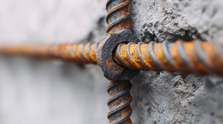 A close-up shot capturing the intricate details of rusty rebar embedded in a cement wall, highlighting textures and the industrial essence of construction materials.の素材