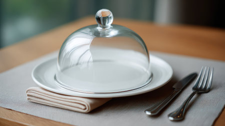 A refined glass cloche covers a pristine white plate, elegantly displayed with silver cutlery and a lovely napkin, perfect for gourmet dining and special occasions.の素材