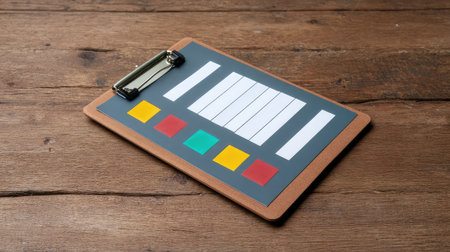 A colorful test card displayed on a wooden surface, ideal for visual testing and calibration in photography and film, showcasing essential colors and organized layout for professionals.の素材