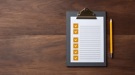 A clipboard featuring a blank checklist and a pencil on a wooden surface, perfect for enhancing productivity and organization in any office or home workspace, encouraging task completion.の素材