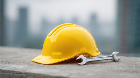 A bright yellow hard hat placed next to a chrome wrench on a concrete surface, signifying safety gear in construction, with an urban setting in the background.の素材