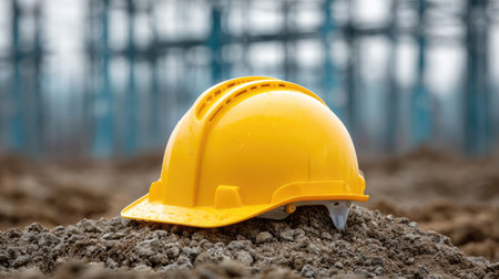 A vibrant yellow safety helmet rests on the ground of a construction site, with blurred structures in the background, exemplifying the importance of safety and protection in the building industry.の素材