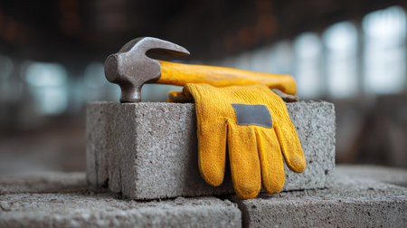 This image features a hammer and a pair of yellow gloves resting on a concrete block in a well-lit workspace, representing essential tools for building and repair tasks.の素材