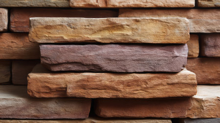 Close-up of stacked stone pieces showcasing a variety of earthy colors and textures, ideal for enhancing both interior and exterior design projects with a rustic feel.の素材