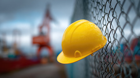 A bright yellow hard hat is prominently displayed hanging on a chain link fence, set against an industrial backdrop, emphasizing safety and construction in urban settings.の素材