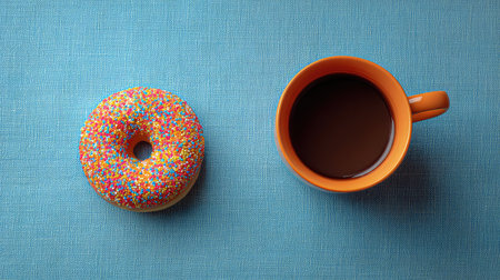 A delightful scene featuring a colorful sprinkled donut next to a steaming cup of coffee on a bright blue surface, ideal for breakfast lovers and food photography enthusiasts.の素材