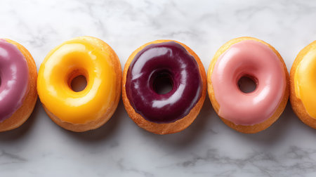 Brightly colored glazed donuts on a marble surface create a cheerful display, perfect for dessert lovers or to enhance any celebration's sweet treats.の素材