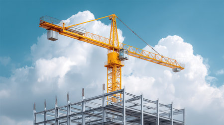 A vibrant yellow crane stands tall above a steel framework, illustrating the essence of construction and urban development against a picturesque sky backdrop.の素材