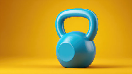 A vibrant blue kettlebell stands out against a bright yellow background, perfect for highlighting fitness, exercise, and health themes in various projects.の素材