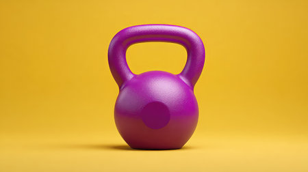 A vibrant purple kettlebell is showcased on a bright yellow background, perfect for representing fitness, exercise, and home workout essentials for active lifestyles.の素材