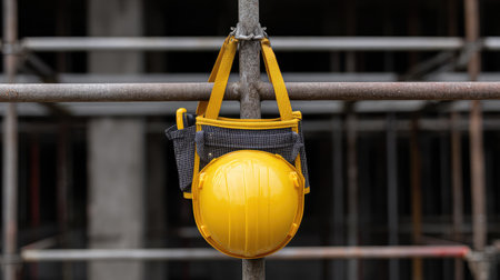 A bright yellow hard hat hangs on a scaffolding pole, emphasizing the importance of safety in construction. It showcases essential protective gear for workers at the site.の素材