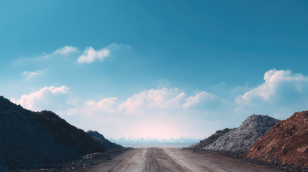 A tranquil scene of a dirt road flanked by mounds of earth under a clear blue sky, leading towards a distant city skyline enveloped in soft clouds.の素材