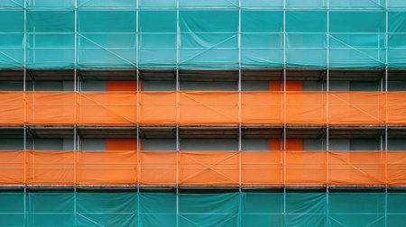 This image captures a vibrant construction scene featuring teal and orange scaffolding against a backdrop of urban architecture, showcasing various textures and patterns.の素材