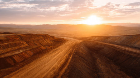 A breathtaking view of a vast open landscape showcasing rich earthy tones, as the sun sets behind distant mountains, creating a tranquil and warm atmosphere.の素材
