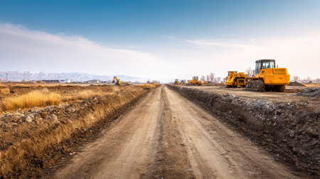 A scenic view of a construction site with various heavy machinery along a dirt road under a clear blue sky, showcasing industrial activity and progress in earthmoving operations.の素材