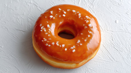 A beautifully presented, freshly glazed orange donut topped with sugar crystals, perfect for enticing dessert ideas and mouthwatering food photography.の素材