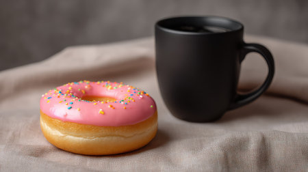 A delightful pink iced donut with colorful sprinkles sits next to a black coffee mug, creating a cozy and inviting scene that highlights comfort and indulgence in everyday moments.の素材