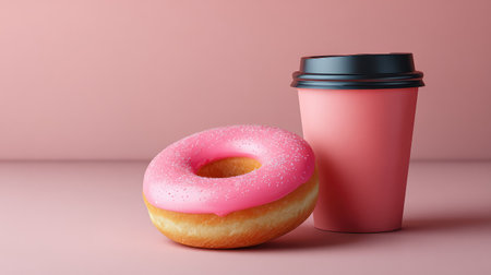 A vibrant pink donut with frosting sits next to a stylish takeaway coffee cup on a soft pink background, creating a delightful scene perfect for breakfast cravings or snack time.の素材