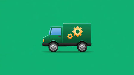 An eye-catching green delivery truck icon with gears symbolizes efficient transportation and logistics services, perfect for digital content, branding, or promotional materials.の素材