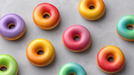 A delightful arrangement of colorful donuts on a soft gray background, showcasing their glossy finishes and tempting appearance, perfect for food-themed projects and social media.の素材