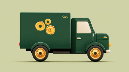A charming vintage delivery truck with a gear design set against a soft green background, ideal for use in creative projects that require a playful and artistic touch.の素材