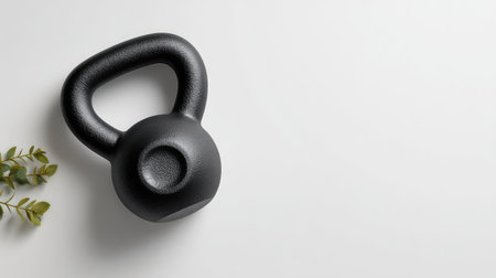 A black kettlebell rests on a smooth white surface, accompanied by delicate green foliage, creating a modern aesthetic ideal for fitness and lifestyle themes in stock photography.の素材