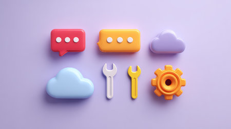 Vibrant collection of digital communication icons, featuring speech bubbles, clouds, tools, and gears, ideal for showcasing modern technology and interaction concepts.の素材