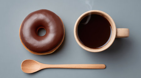 A classic chocolate donut is beautifully arranged next to a steaming cup of coffee, creating a perfect scene for breakfast or a delightful snack moment.の素材