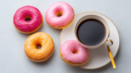Enjoy a delightful scene featuring freshly baked donuts with colorful frosting alongside a steaming cup of coffee, ideal for breakfast or snack time indulgence.の素材