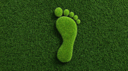 A vibrant green footprint rests on lush grass, symbolizing eco-friendliness and sustainability, highlighting a connection to nature and promoting environmental awareness.の素材
