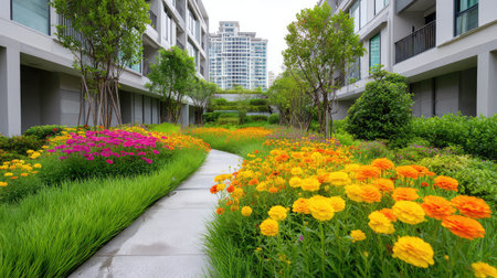 A colorful pathway lined with vibrant flowers leads through a modern residential area, showcasing the harmony between nature and urban living in a serene environment.の素材