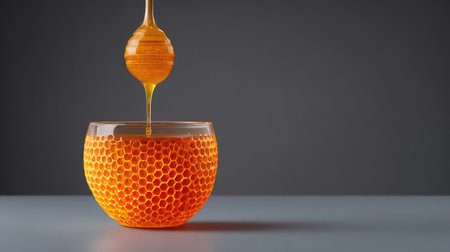 This image showcases the luscious beauty of golden honey drizzling from a wooden dipper into a glass bowl adorned with a honeycomb pattern, emphasizing its sweet and organic nature.の素材