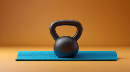 A black kettlebell rests on a blue exercise mat, set against a vibrant orange background, perfect for illustrating themes of fitness, strength, and active lifestyle.の素材