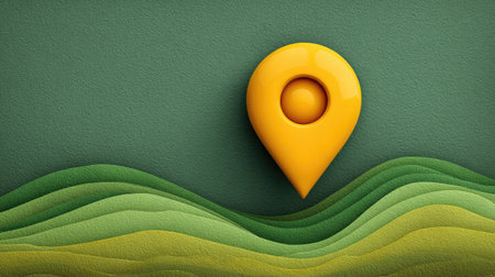 A vibrant yellow location pin stands out against a smooth, layered green landscape, symbolizing navigation and exploration themes in a creative digital design.の素材