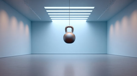 A simple yet striking image of a gym interior featuring a kettlebell hanging in a spacious, well-lit room. Perfect for fitness and lifestyle themes.の素材