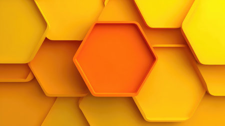 This vibrant hexagonal background design features a dynamic interplay of yellow and orange shapes that create a modern and stylish visual aesthetic, ideal for various graphic applications.の素材