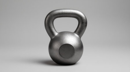 A sleek silver kettlebell stands out against a minimalist gray backdrop, symbolizing fitness and strength training, perfect for workout inspiration and gym-related materials.の素材