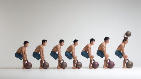 A comprehensive series of kettlebell exercises showcasing proper form and technique, ideal for fitness enthusiasts seeking to enhance strength and physical well-being.の素材