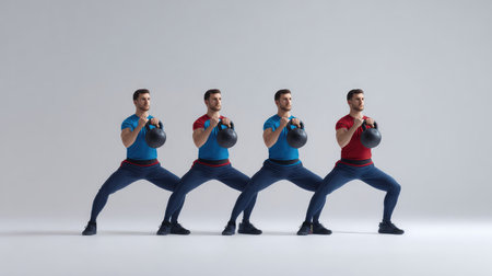 A male athlete demonstrates a series of kettlebell exercises in distinct poses, showcasing strength training techniques against a minimalist background suitable for fitness enthusiasts.の素材