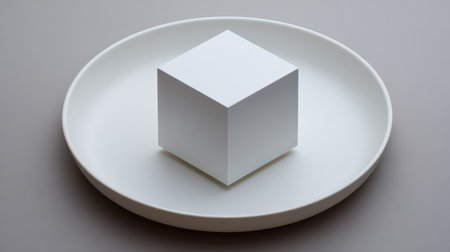 A minimalist still life featuring a white cube centered on a round plate, set against a soft gray background, emphasizing simplicity and modern design aesthetics.の素材