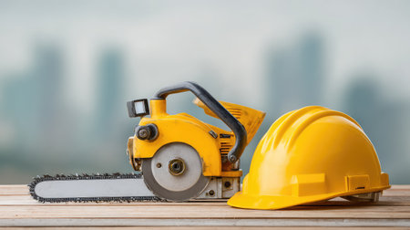 A vibrant yellow chainsaw paired with a matching safety helmet rests on a wooden surface, symbolizing the essential safety measures in construction and outdoor tasks against an urban backdrop.の素材